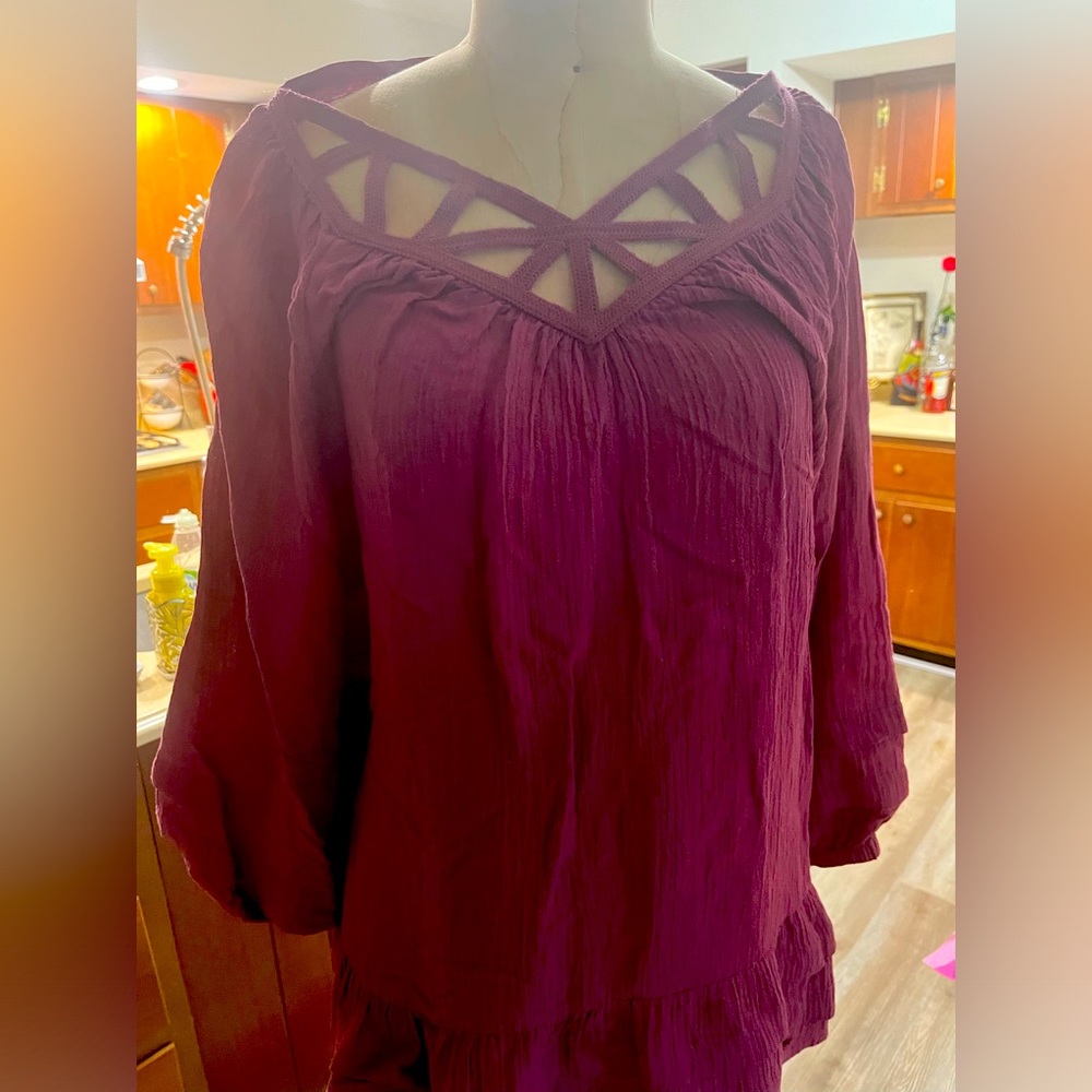 Gauzy top, raspberry color, size medium petite.  Soft Surroundings.